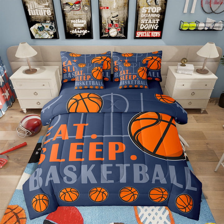 Basketball Twin Comforter Set with Sheets Sports Bedding Sets Teen Sport Game Ball Theme Bed in a Bag Basketball Decor Bed Set Bedroom Sports Sheets 7 Pcs Navy Blue Orange