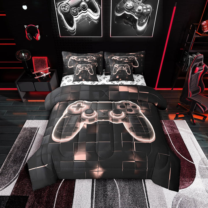 Erosebridal Gamer Comforter Sets Twin Size 7 Piece Teen,Game Controller Printed Geometric Bed in A Bag Neon Ombre Video Gaming Bedding Set for Game Lovers Reversible Bed Sets with Sheet Set