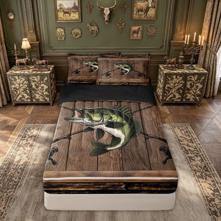 meiyoeat Wooden Fishing Bass Zipper Full Size Comforter Sets with Fitted Sheet and 2 Pillowcases for Men Boys, Brown Vintage Lodge Cabin Zipper Bedding Set, Black Reversible, 4-Piece