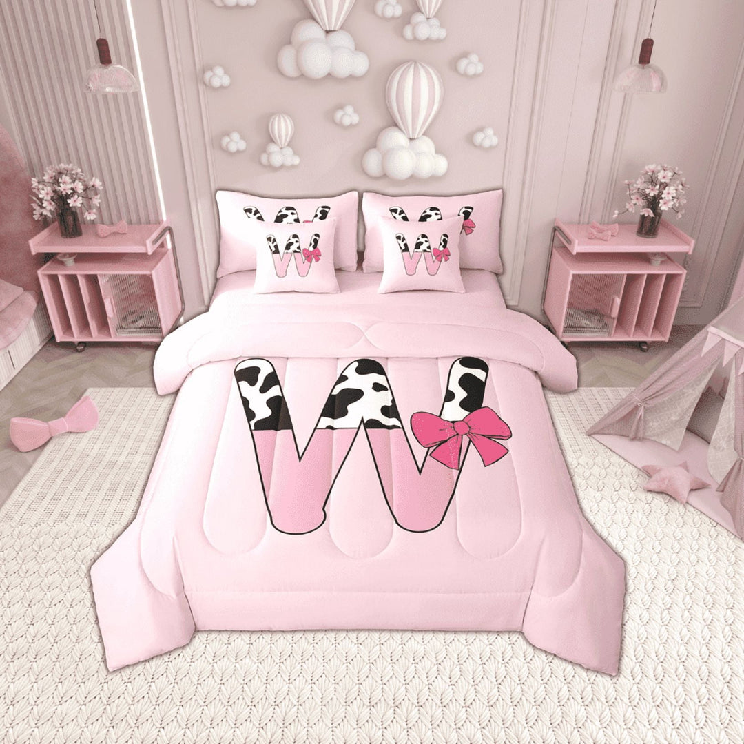 Erosebridal Monogrammed Letter Bedding Sets Twin Size,Cattle Print Comforter Sets with Sheets,Breathable Reversible Bed in a Bag Twin size,Pink Bow Tie Decoration,7pcs