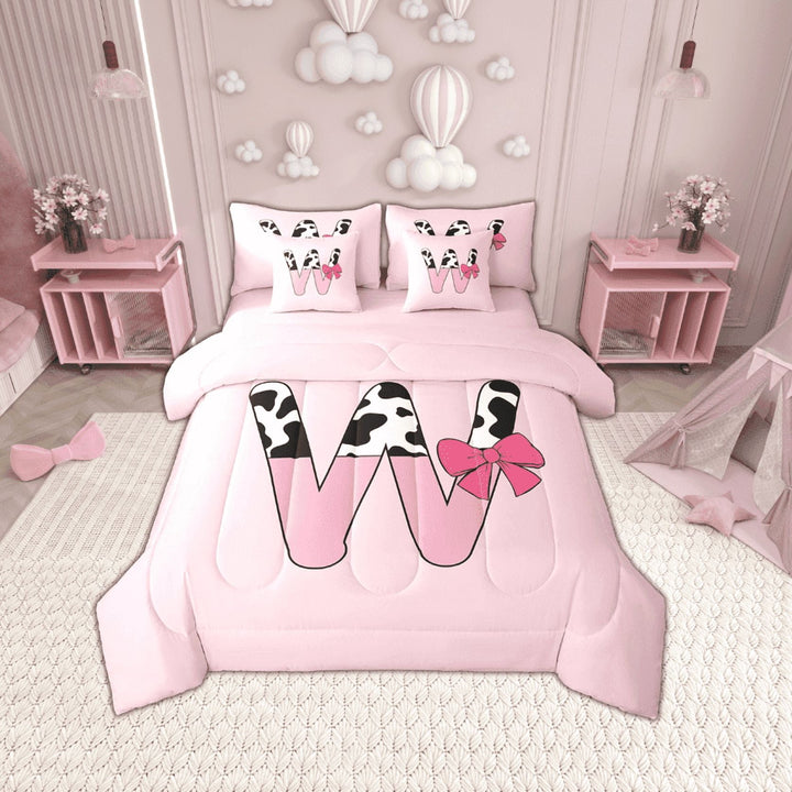 Erosebridal Monogrammed Letter Bedding Sets Twin Size,Cattle Print Comforter Sets with Sheets,Breathable Reversible Bed in a Bag Twin size,Pink Bow Tie Decoration,7pcs