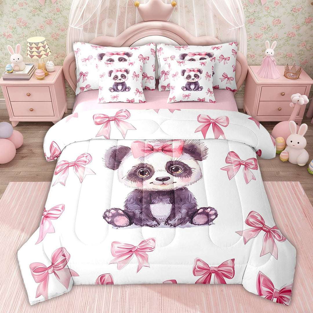 Erosebridal Princess Bowknot Bedding Sets Twin with Comforter, Kawaii Panda Bedding Set, Cute Animal Decor, Pink Reversible 7pcs