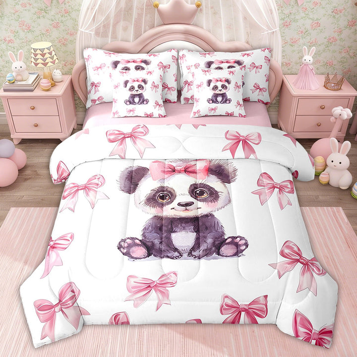 Erosebridal Princess Bowknot Bedding Sets Twin with Comforter, Kawaii Panda Bedding Set, Cute Animal Decor, Pink Reversible 7pcs