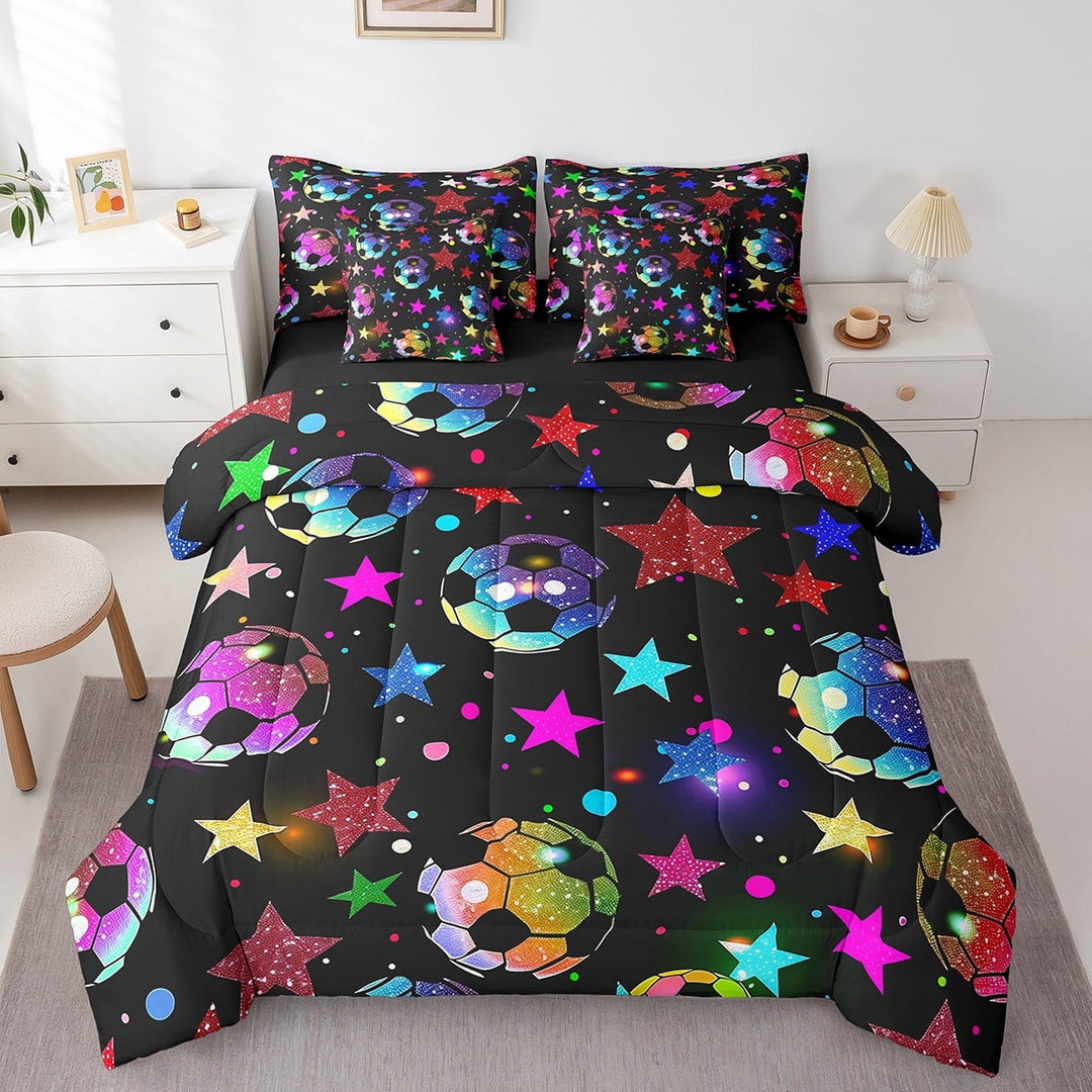 Erosebridal Sport Soccer Bed in a Bag Full size,Bling Stars Bed Set,Football Game Decor,Reversible,Breathable,7-Piece