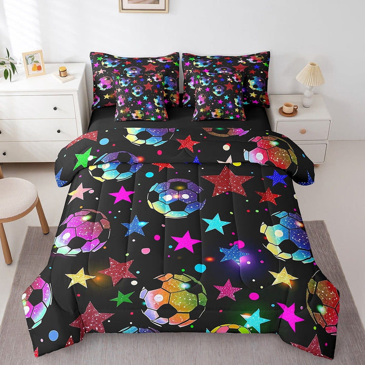 Erosebridal Sport Soccer Bed in a Bag Full size,Bling Stars Bed Set,Football Game Decor,Reversible,Breathable,7-Piece
