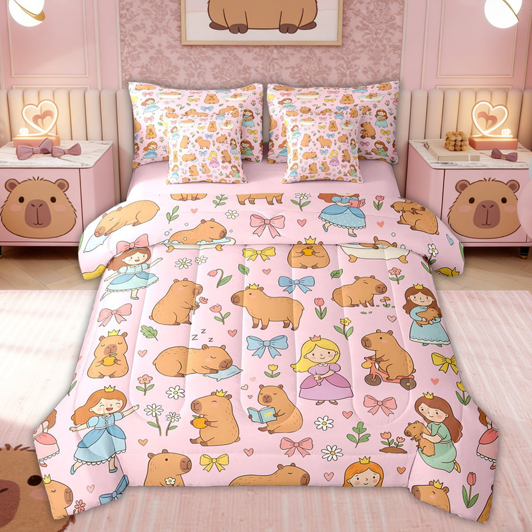 Erosebridal Kid Cute Capybara Twin Bedding Sets, Bow Princess Fairy Bedding Comforter Set, Pink Reversible, 7 Pieces