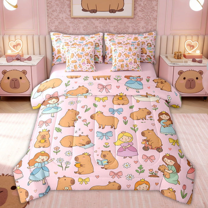 Erosebridal Kid Cute Capybara Twin Bedding Sets, Bow Princess Fairy Bedding Comforter Set, Pink Reversible, 7 Pieces