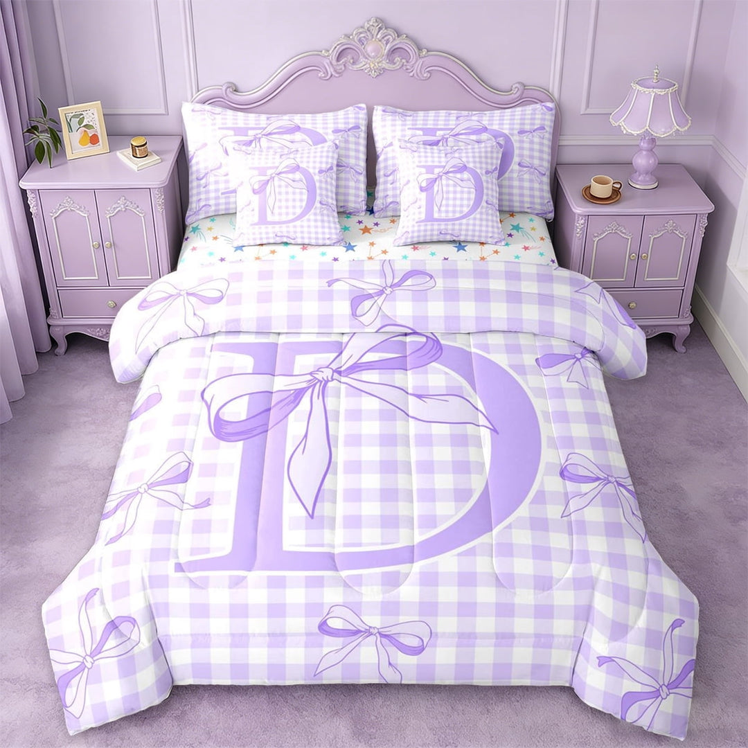Erosebridal Lovely Bow 7-Piece Twin Bedding Sets For Girls,Grid Theme Letter D Personalized Initial Bedding Comforter Set,Colorful Stars Reversible