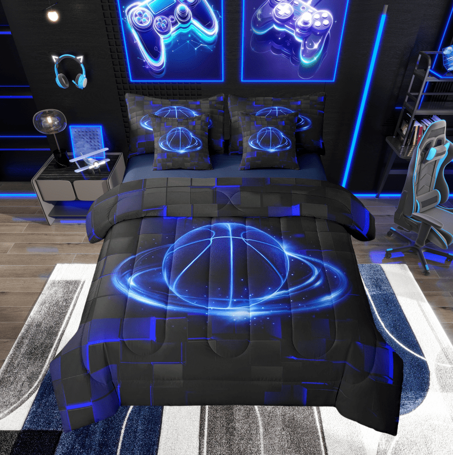 Erosebridal Basketball Twin Comforter Set with Sheets - 7 Pieces Neon Basketball Bedding Twin Size for Boys,Geometric 3D Grid Bed in a Bag with Comforter