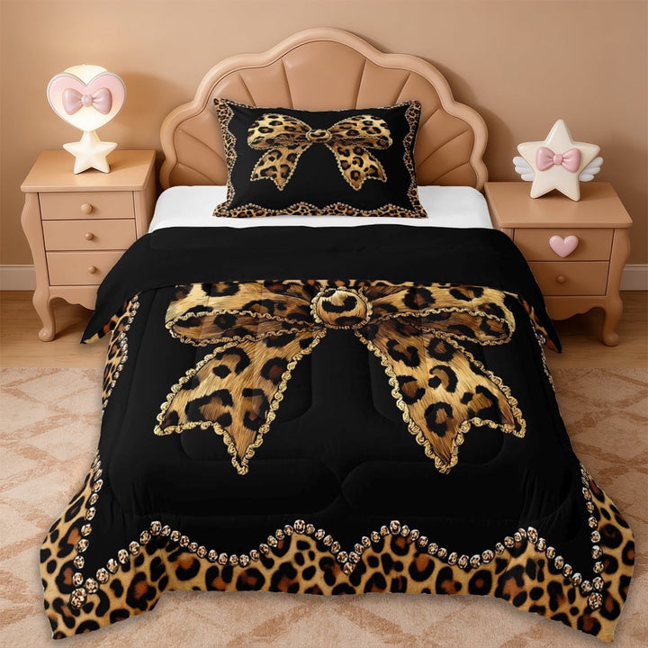 Erosebridal Leopard Print Bowknot Twin Comforter Sets,Girls Cute Bows Bedding Set For Kids,Reversible black,2-Piece