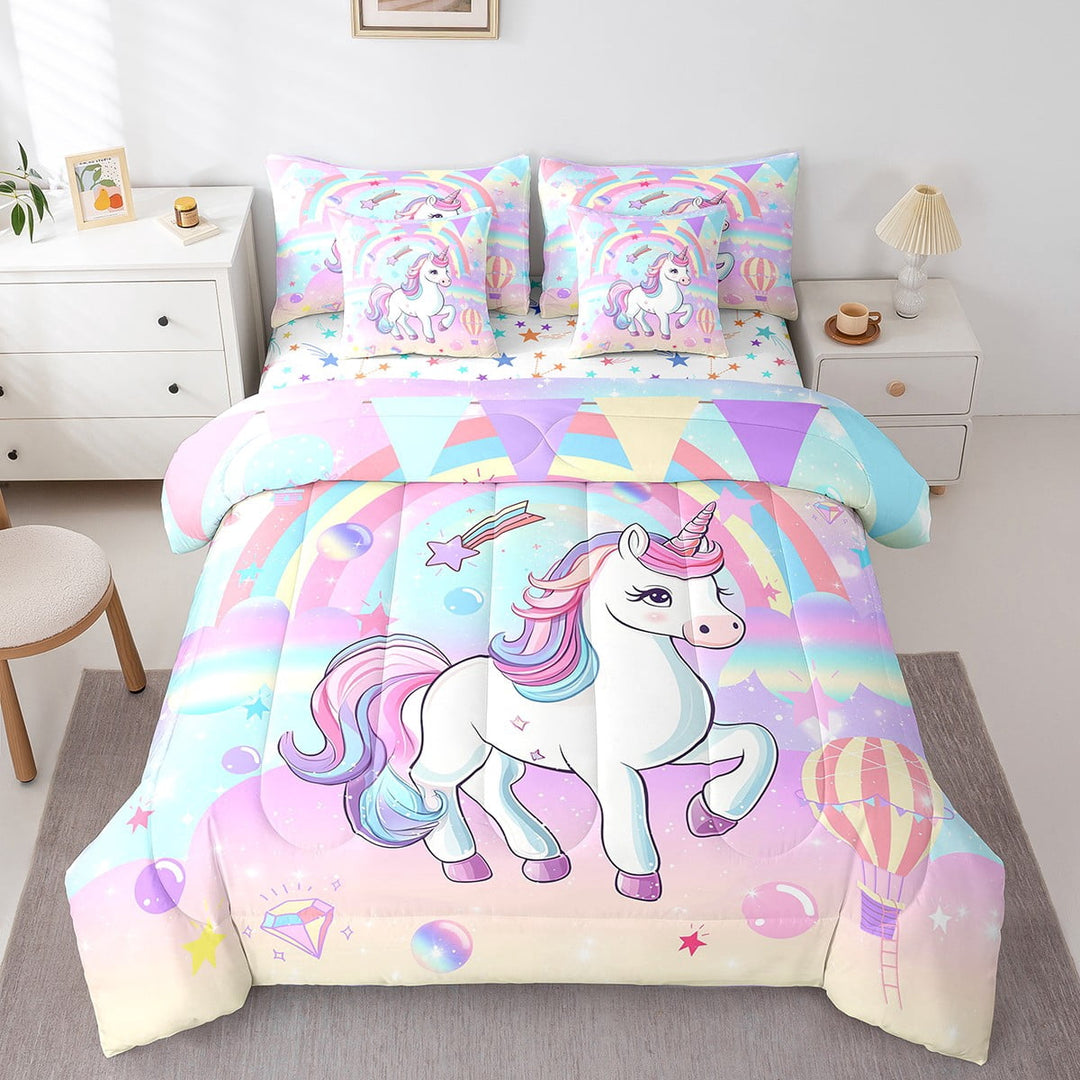 Erosebridal 7 Pcs Comforter Set Twin Size,Rainbow Unicorn Bed in a Bag with Flat Sheet and Fitted Sheet Teens Adult,Purple Unicorn Horse Ombre Reverse Bedding Set with Pillowcase and Sham
