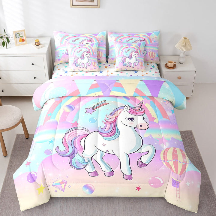 Erosebridal 7 Pcs Comforter Set Twin Size,Rainbow Unicorn Bed in a Bag with Flat Sheet and Fitted Sheet Teens Adult,Purple Unicorn Horse Ombre Reverse Bedding Set with Pillowcase and Sham