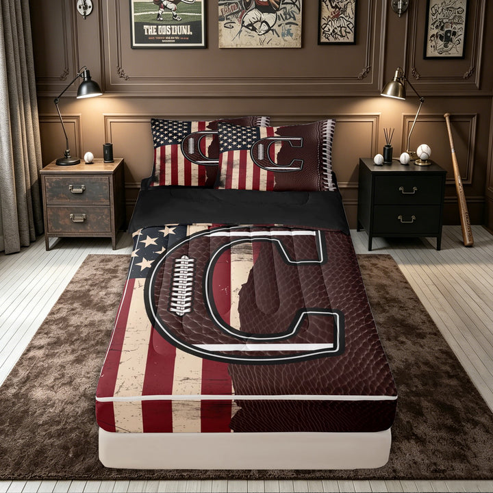 meiyoeat Football C Initial Zipper Twin Comforter Sets with Fitted Sheet and 2 Pillowcases for Boys, USA Flag Monogram Zipper Bedding Set, Brown Red, Black Reversible, 4pcs
