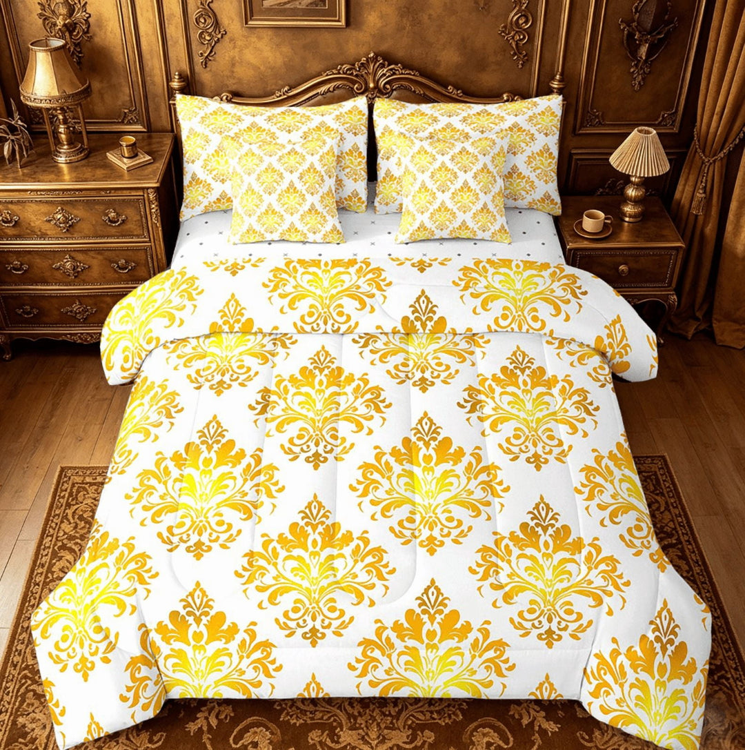 Erosebridal Victorian Damask Flower Bedding Twin Size,Yellow White Comforter Sets with Sheets,Retro Gothic Theme Bedding Sets Twin Size,Ultra Soft Bedroom Decorative Reversible,7pcs