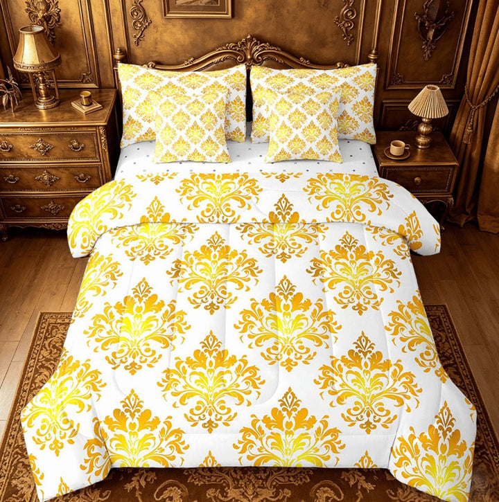 Erosebridal Victorian Damask Flower Bedding Twin Size,Yellow White Comforter Sets with Sheets,Retro Gothic Theme Bedding Sets Twin Size,Ultra Soft Bedroom Decorative Reversible,7pcs