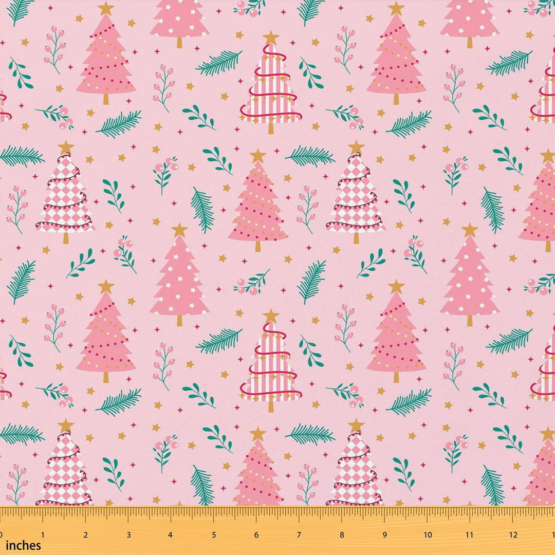 Manfei Kawaii Xmas Tree Fabric by the Yard 1 Yard, Cartoon Merry Christmas Home Decor Fabric by the Yard, Pink Green Gold
