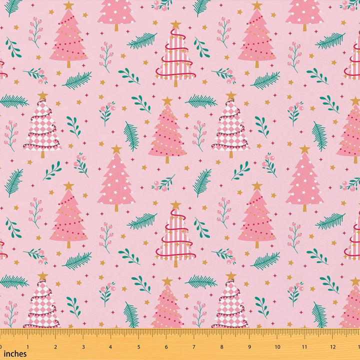 Manfei Kawaii Xmas Tree Fabric by the Yard 1 Yard, Cartoon Merry Christmas Home Decor Fabric by the Yard, Pink Green Gold