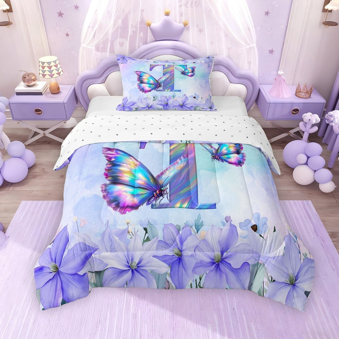 Erosebridal Purple Butterfly Twin Comforter Sets for Girls, Garden Flower Floral Bedding Set, Monogrammed T, Reversible, 1 Comforter and 1 Pillowcase
