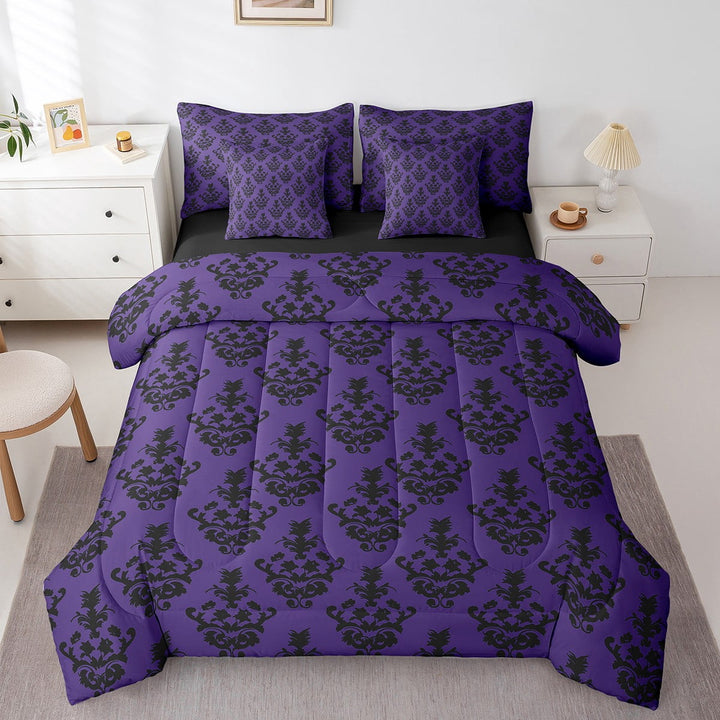 Gothic 7 Piece Comforter Set Full Bed in a Bag,Adults Damask Bedding Sets,Victorian Sheet Set with Comforter Vintage Baroque Goth Antique Black Floral Bohemian Decor,Black Lavender Purple