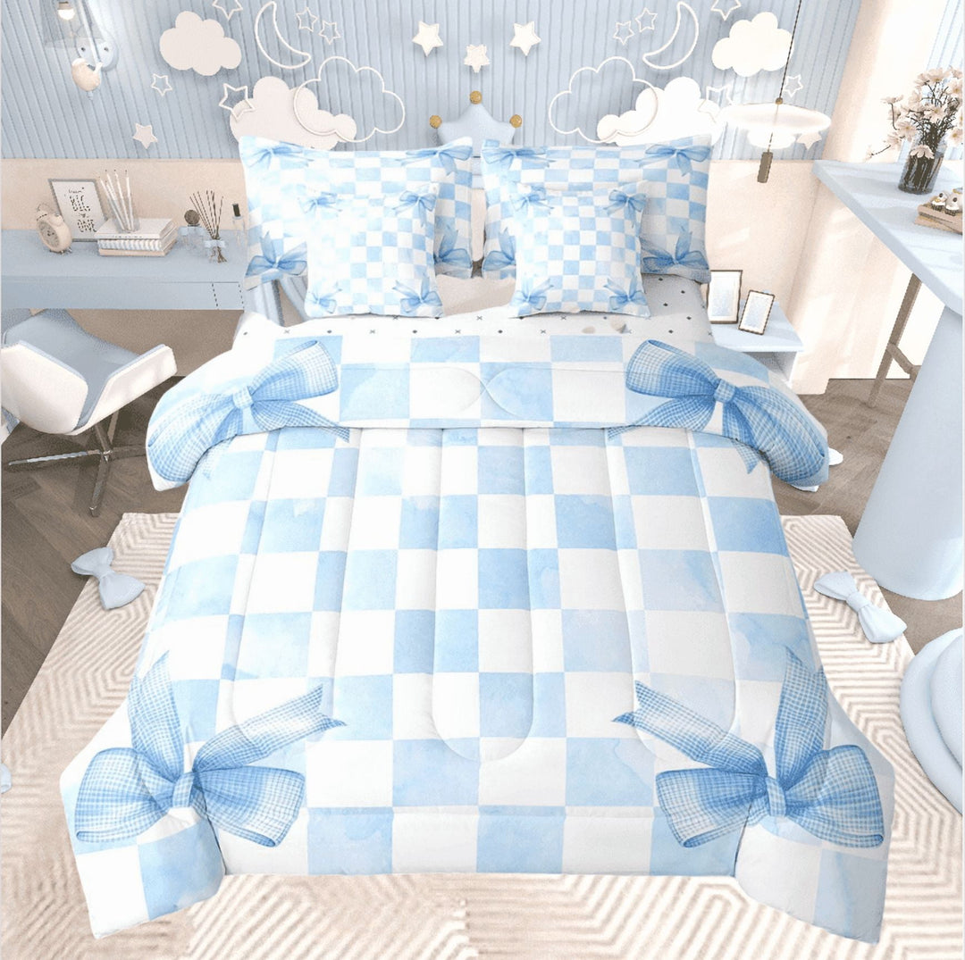 Erosebridal Blue Bow Bedding Sets Twin Size,Geometric Buffalo Comforter Sets with Sheets,Princess Bedroom Decor,Reversible,Lightweight,7-Piece