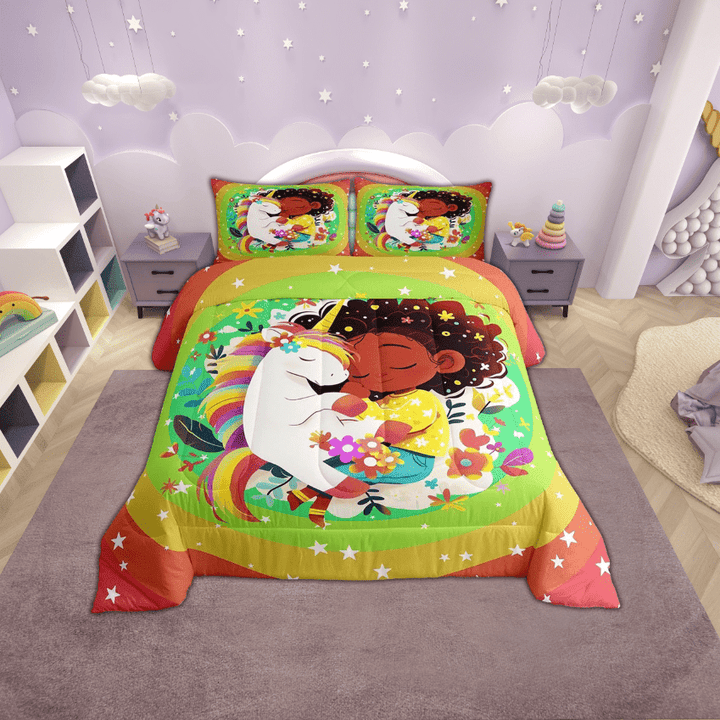 Unicorn Comforter African Black Full Bedding Sets Cute Comforter Sets Rainbow Colorful Floral Decor Bed Set Reversible Stars 1 Comforter And 2 Pillow Cases