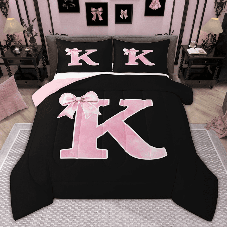 Manfei Personalized Initial K Bedding Comforter Set for Girls, Pink Bow Tie Twin Comforter Sets, Watercolor Monogrammed Bedding Set, Breathable Room Decor, Reversible 2pcs