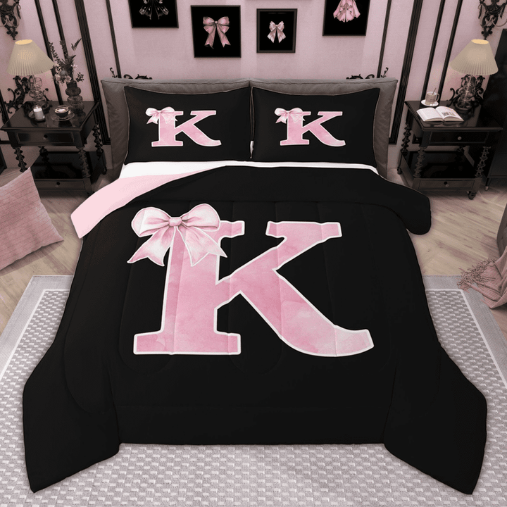 Manfei Personalized Initial K Bedding Comforter Set for Girls, Pink Bow Tie Twin Comforter Sets, Watercolor Monogrammed Bedding Set, Breathable Room Decor, Reversible 2pcs