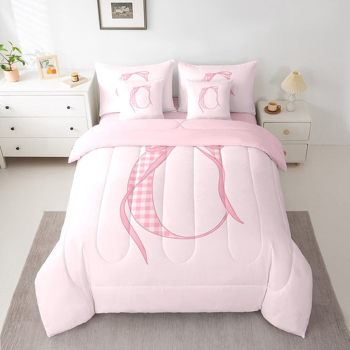 Erosebridal Plaid Initial C Bed in a Bag Twin size, Kawaii Ribbon Bed Set, Cartoon Bow Decor, Reversible 7pcs
