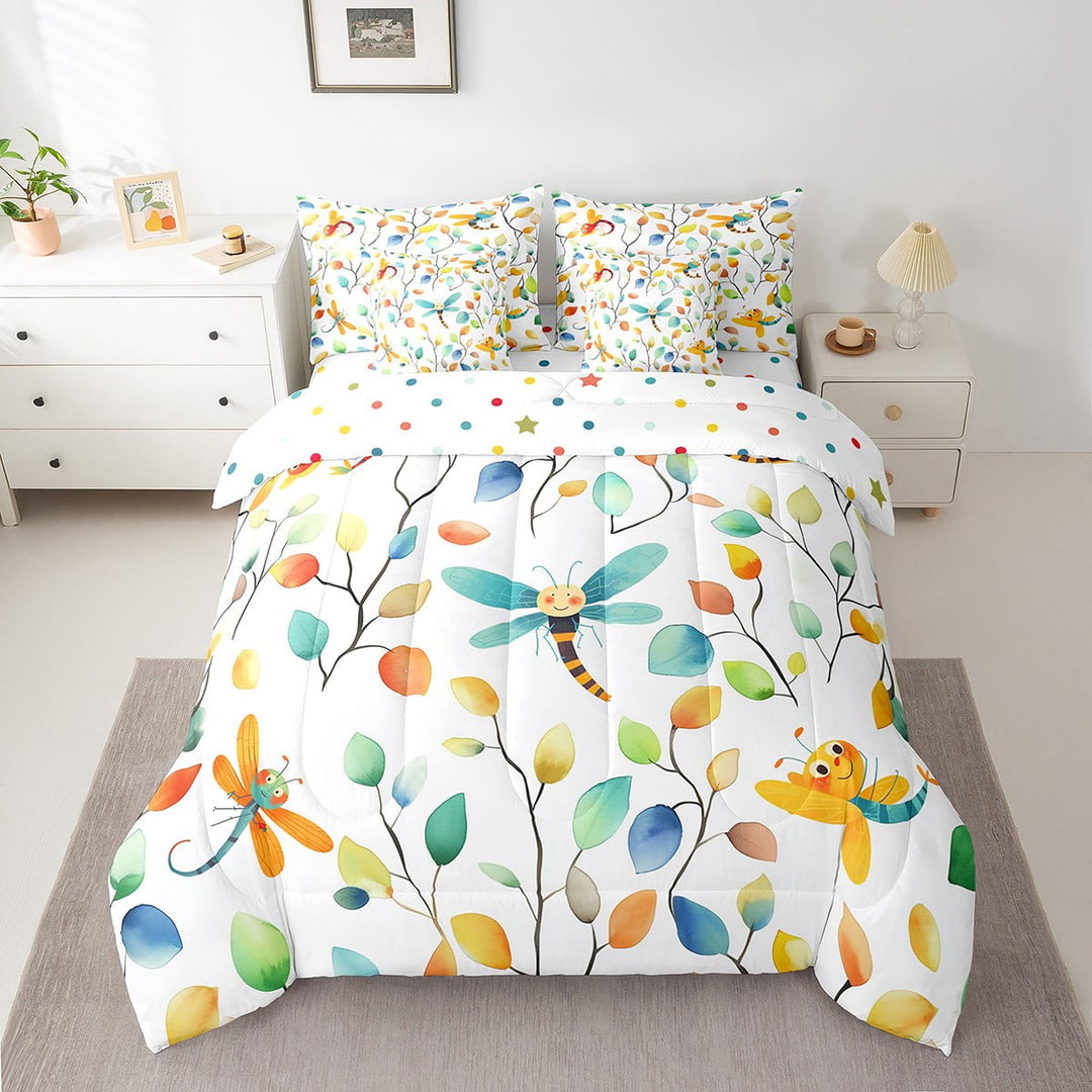Erosebridal Kawaii Dragonfly Twin Comforter Set 7pcs Chic Elegant Floral Bedding Comforter Sets, Cartoon Animal Bed in a Bag Watercolor Leaves Bedding Set, Tropical Plant Bed Sheets Set
