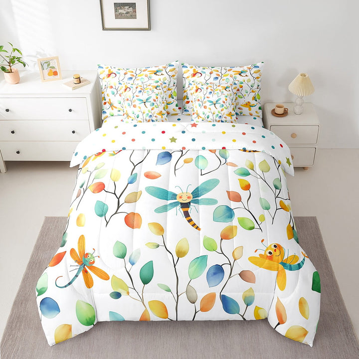Erosebridal Kawaii Dragonfly Twin Comforter Set 7pcs Chic Elegant Floral Bedding Comforter Sets, Cartoon Animal Bed in a Bag Watercolor Leaves Bedding Set, Tropical Plant Bed Sheets Set