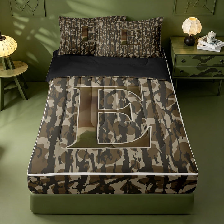 meiyoeat Retro Camouflage Alphabet Print Theme Zipper Twin Comforter Sets with Fitted Sheet and 2 Pillowcases For Kids,Green Geometric Camo Letter E Zipper Bedding Set,Black Reversible,4-Piece
