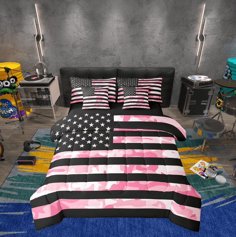 Erosebridal Pink Camouflage Bedding Sets Twin Size, Tie Dye Camo Comforter Sets with Sheets, Retro US Flag Decor, Reversible 7pcs