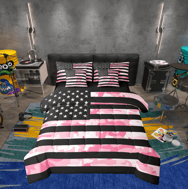 Erosebridal Pink Camouflage Bedding Sets Twin Size, Tie Dye Camo Comforter Sets with Sheets, Retro US Flag Decor, Reversible 7pcs