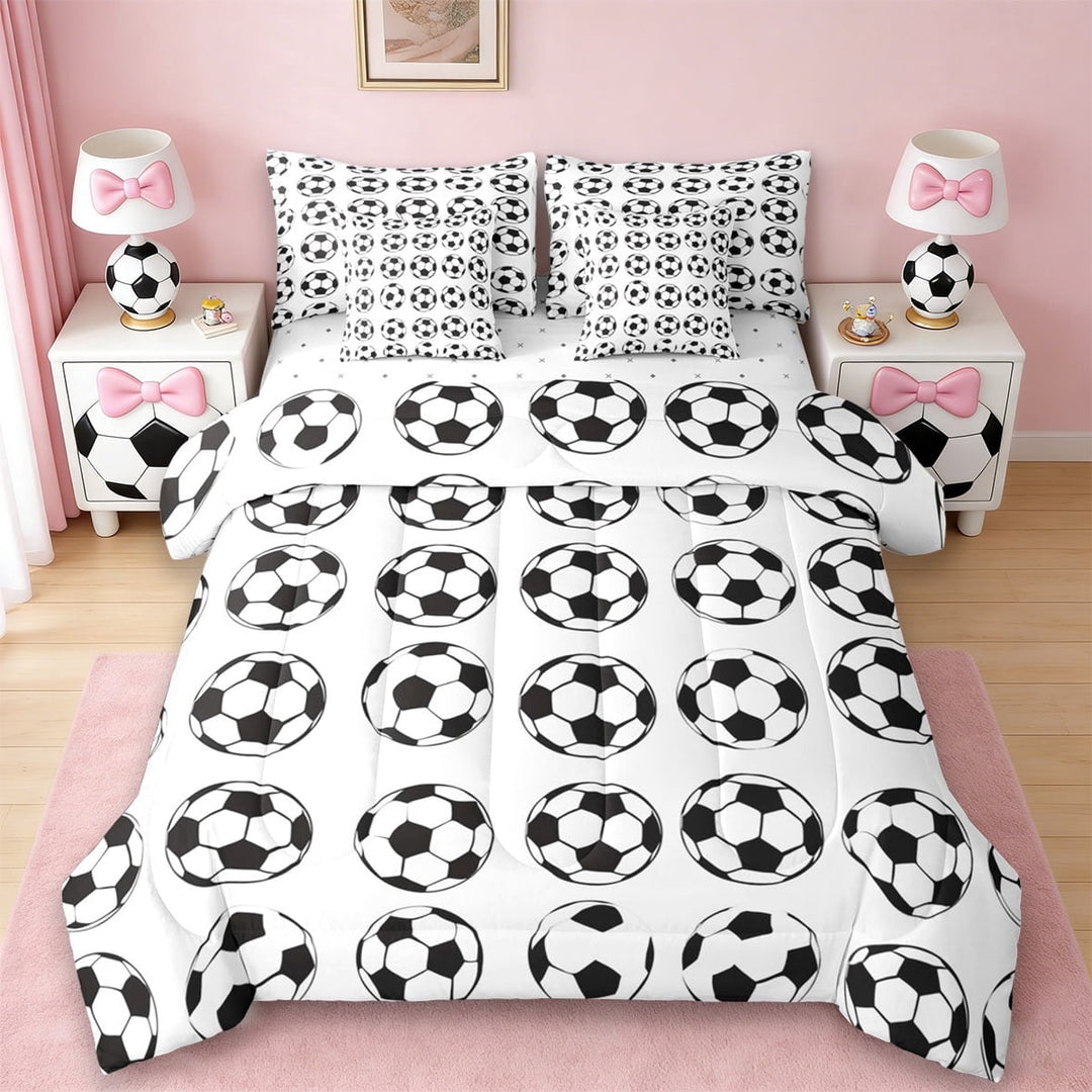 Erosebridal Cute Soccer Pattern 7-Piece Twin Bedding Sets,Football Sport Ball Games Kids Bedding Comforter Set,Reversible