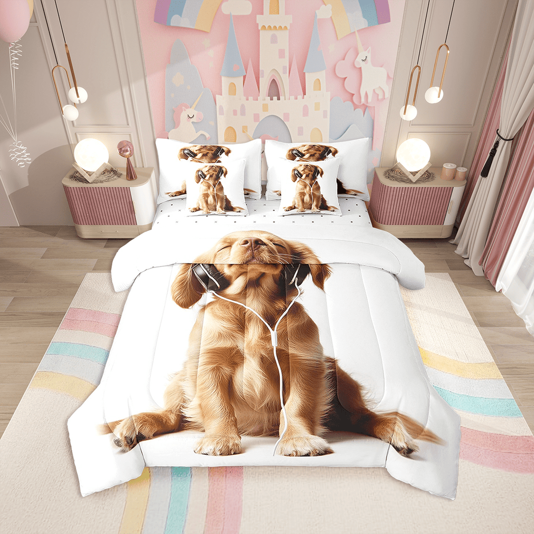 Dog Print Bed in a Bag 7 Pcs Cute Dog Print Bedding Sets,Kawaii Golden Retriever Decor Comforter Set Sheets for Dog Lovers,Lovely Pet Dog Print Bed Set Dog Print Sheet Set Twin