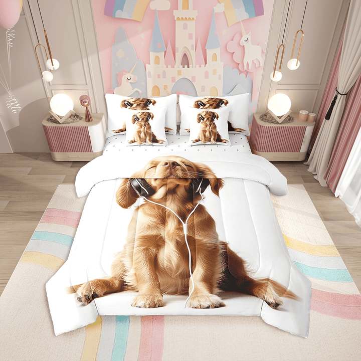 Dog Print Bed in a Bag 7 Pcs Cute Dog Print Bedding Sets,Kawaii Golden Retriever Decor Comforter Set Sheets for Dog Lovers,Lovely Pet Dog Print Bed Set Dog Print Sheet Set Twin