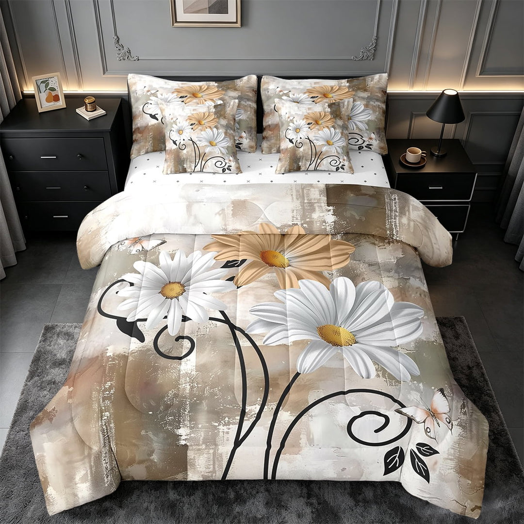 Erosebridal White Daisy Bedding Sets Twin Size,Oil Painting Comforter Sets with Sheets,Modern Abstract Ombre Bed in a Bag Twin Size,Microfiber Bedroom Decor Reversible,7-Piece