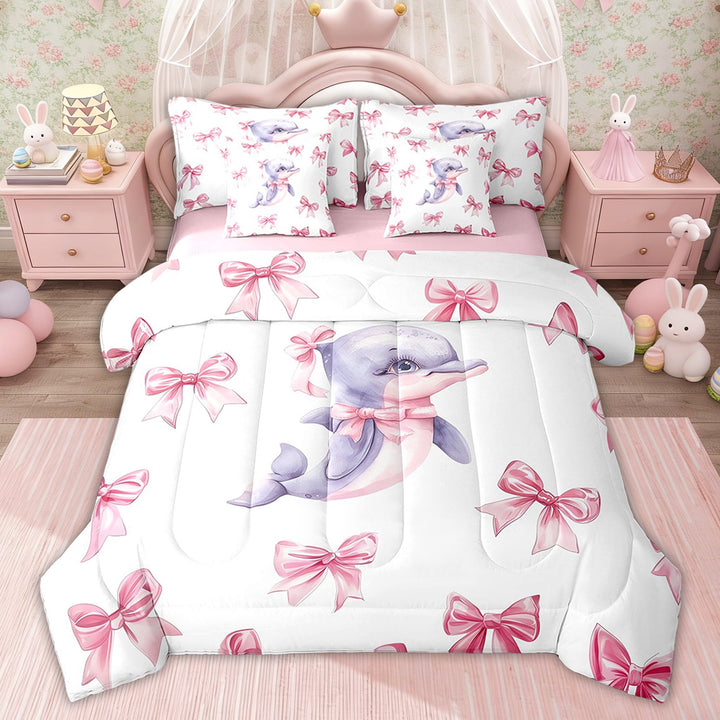 Erosebridal Cartoon Dolphin Bedding Twin Comforter Set, Pink Bow-tie Bedding Set, Cute Animal Decor, Pink Reversible 7-Piece