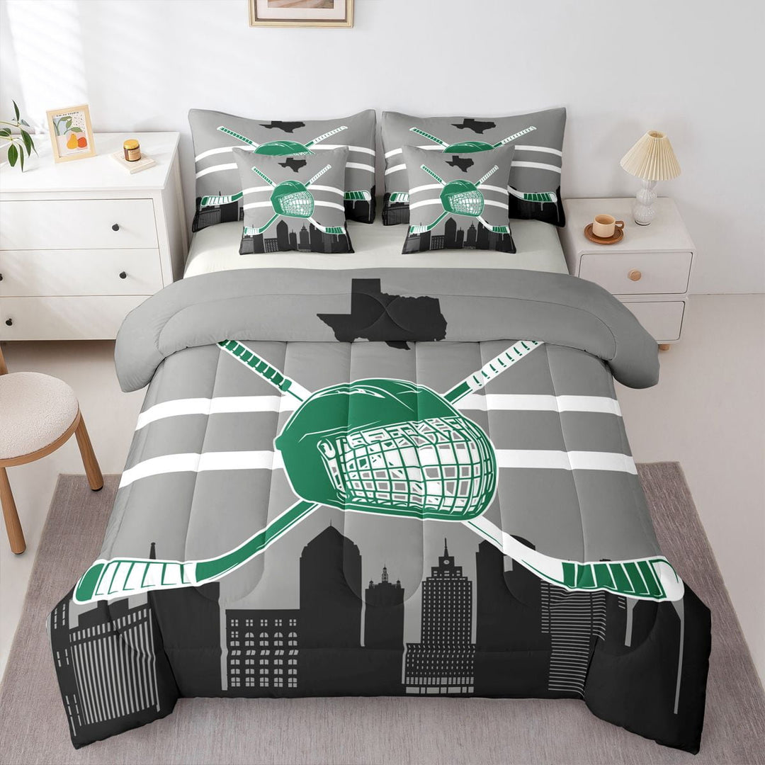 Hockey Comforter Set Twin Size 7 Piece Bed in A Bag Winter Sports Bedding Set Teens Super Soft All Season for Bedroom,Ice Hockey Reversible Bed Sets,Dallas