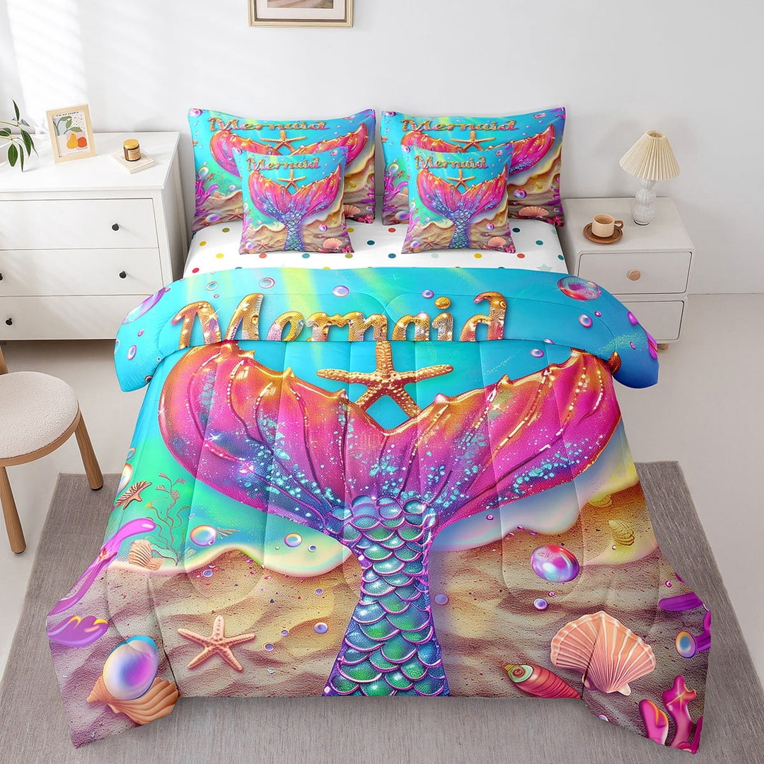 Mermaid Comforter Set 7 Piece Bed in a Bag Twin,Pastel Mermaid Tail Bedding Set Ocean Starfish Sheet Sets with Comforter Conch Shell Bed Set,Hawaii Beach Decor