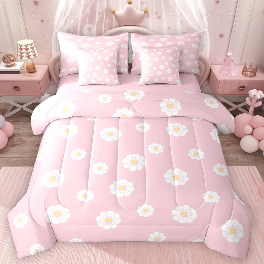 Erosebridal Chic Daisy Flower Twin Bedding Sets for Girls, Pink Bedding Comforter Set, Pink Reversible, 7 Pieces
