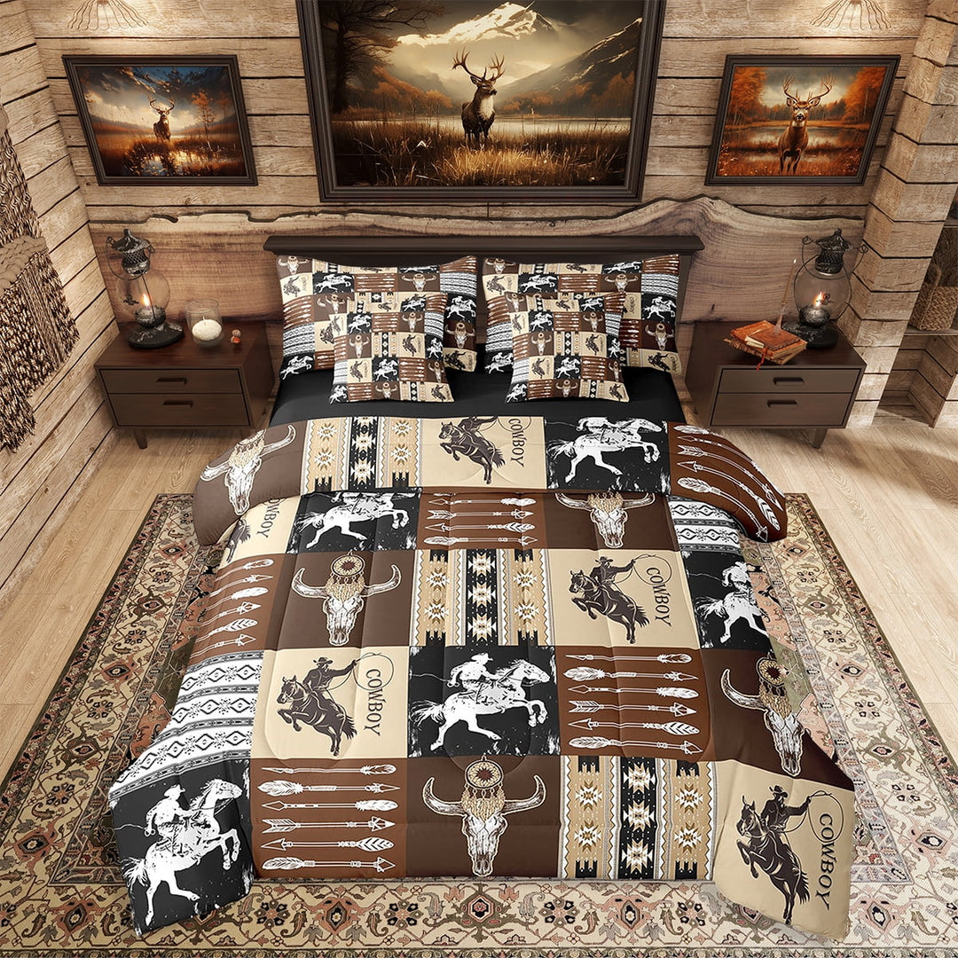 Eosebridal Western Cowboy Comforter Set 7 Pieces Twin Size West Cow Skull Arrow Bedding Set Exotic Plaid Geometric Brown Bed in a Bag,Comforter + Sheets + Pillowcases + Cushion Covers