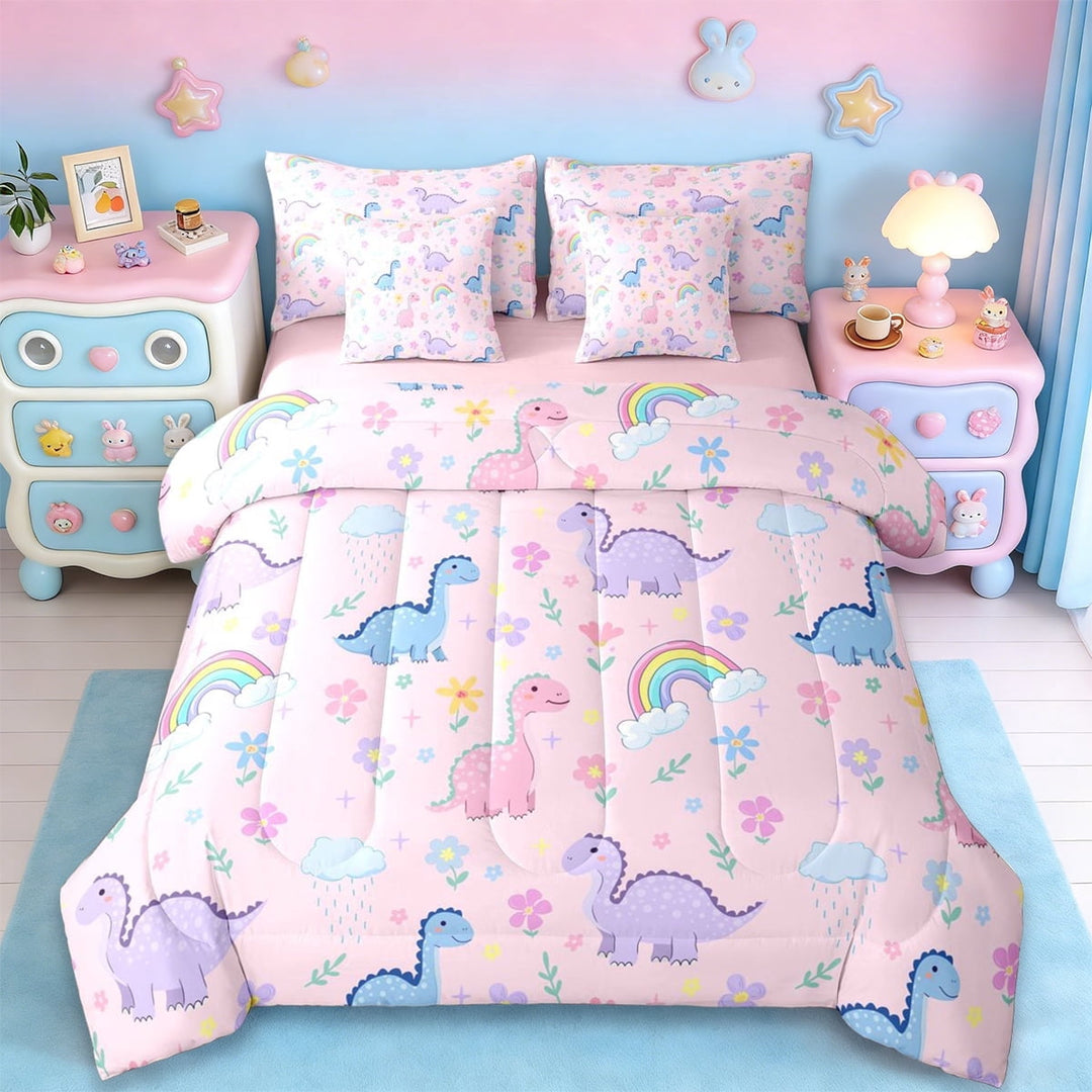 Erosebridal 3D Jungle Dinosaur 7 Pieces Bedding Comforter Set,Kawaii Colorful Flowers Blossom Full Bedding Set For Girls,Reversible