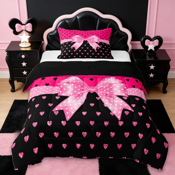 Erosebridal Pink Loves Pattern Twin Comforter Sets For Kids,Polka Dot Print Bows Girl Bedding Set,Reversible black,2 Pieces