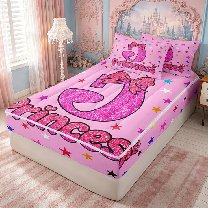 meiyoeat Kawaii Princess Initial J Zipper Full Size Comforter Sets with Fitted Sheet and 2 Pillowcases for Girls, Pink Sequin Print Ribbon Zipper Bedding Set, Pink Reversible, 4pcs