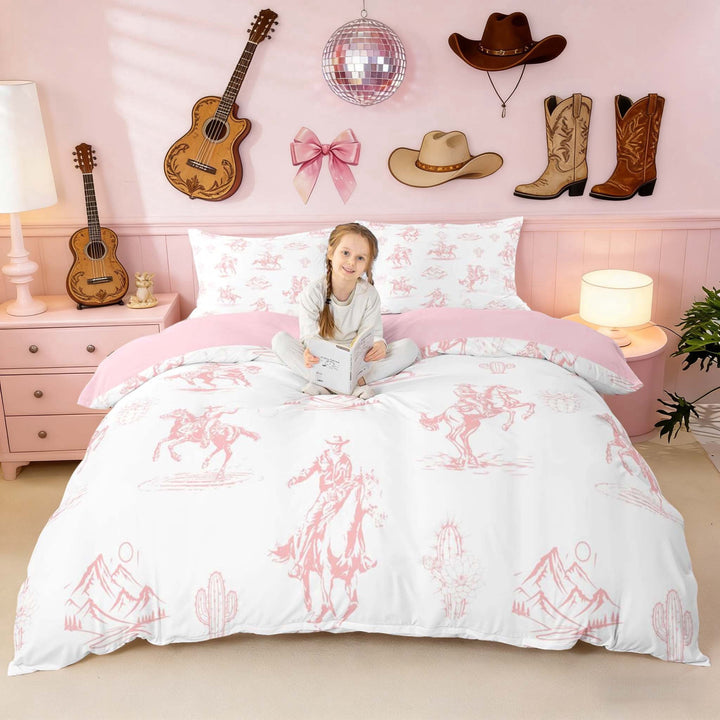 Erosebridal Light Pink Cowgirl Roping Mountain Print Queen Duvet Cover Set, Rustic Western Bedding for Men, Pink Reversible 3-Piece, 1 Duvet Cover and 2 Pillowcases