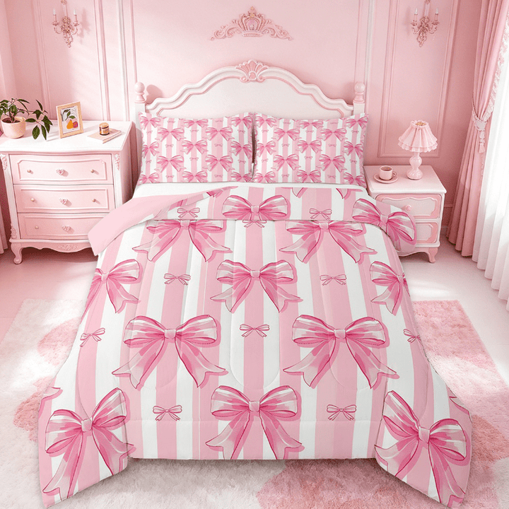 Manfei Kawaii Bow Full Size Comforter Sets,Girls Bow Knot Bedding Comforter Set,Pink White Stripes Bedding Sets,Breathable Bedroom Decorative Reversible,3 Pieces