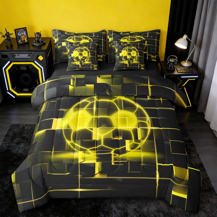 Erosebridal Ball Games Bedding Twin Size,Football Sport Bedding Twin Size,Yellow Neon Light Ombre Geometry Bedding Sets Twin Size,Super Cozy Room Decoration Reversible,7pcs