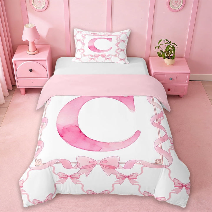 Erosebridal Cute Pink Bowknot Twin Bedding,Girls Letter C Monogrammed Duvet Cover Set For Kids,Reversible pink,2pcs(No Comforter)
