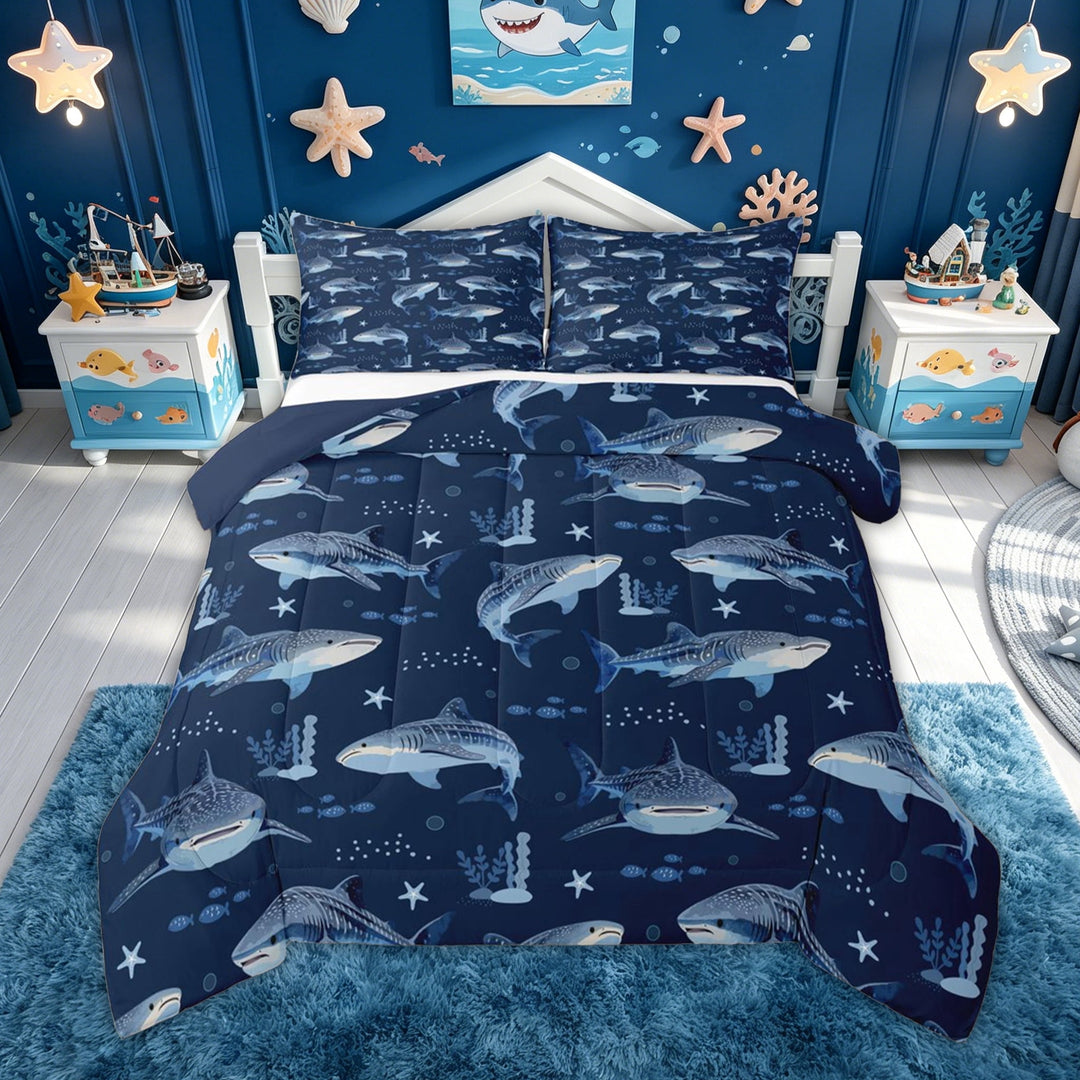 meiyoeat Navy Whale Shark Full Size Comforter Sets for Kids Boys, Starfish Ocean Bedding Comforter Set for Bedroom, Blue Reversible, 3 Pieces